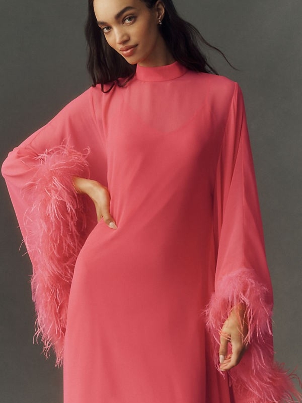 HUTCH Feathered Cuff Satin Kaftan Pink Maxi Dress Anthropologie Size M NWT - Picture 3 of 10